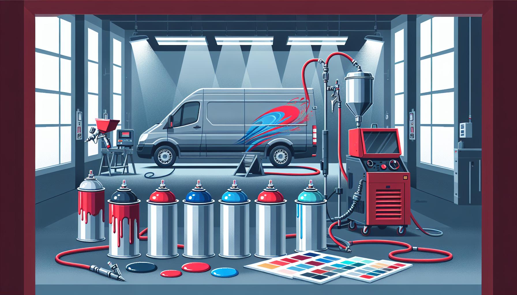 Illustration representing essential equipment for commercial body shops: spray guns, compressors & more