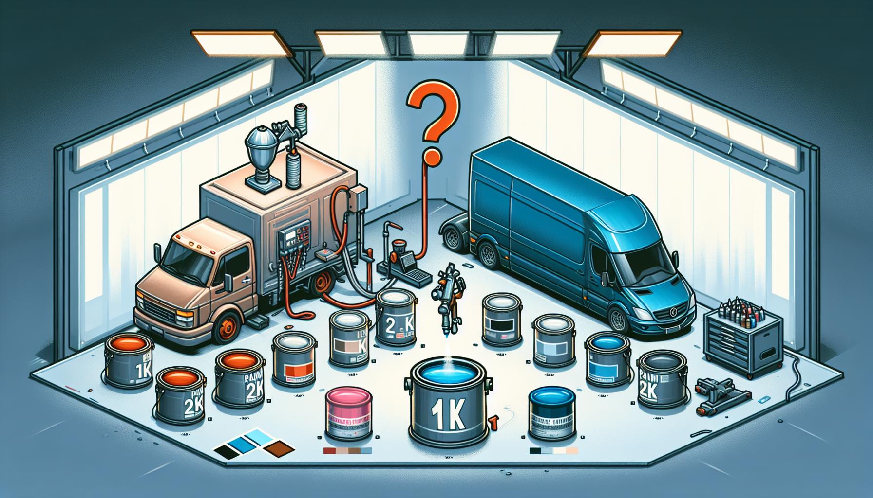 Illustration representing 1k vs 2k paint systems for commercial vehicles: which is best for body shops?