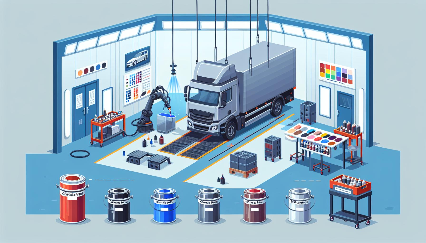 Illustration representing chassis paints and dtm coatings for commercial vehicles: complete underbody protection guide