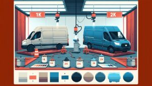 Illustration representing 1k vs 2k paint systems for commercial vehicles: which is best for body shops?