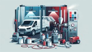 Illustration representing essential commercial body shop equipment: spray guns, air compressors and refinishing tools